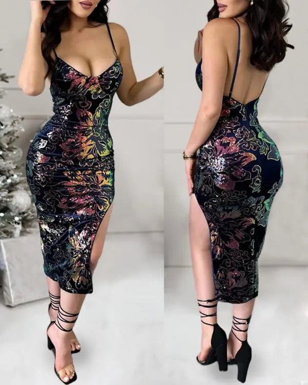 Sequin Leopard Pattern V-Neck Spaghetti Strap Bodycon Dress Slit Party Club Sexy Dress