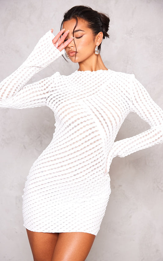 White Crinkle Texture Long Sleeve Bodycon Dress