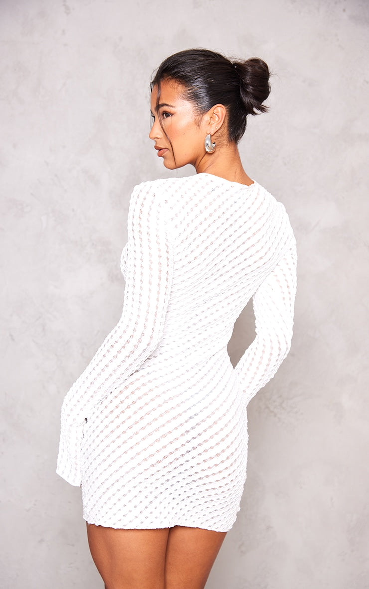 White Crinkle Texture Long Sleeve Bodycon Dress